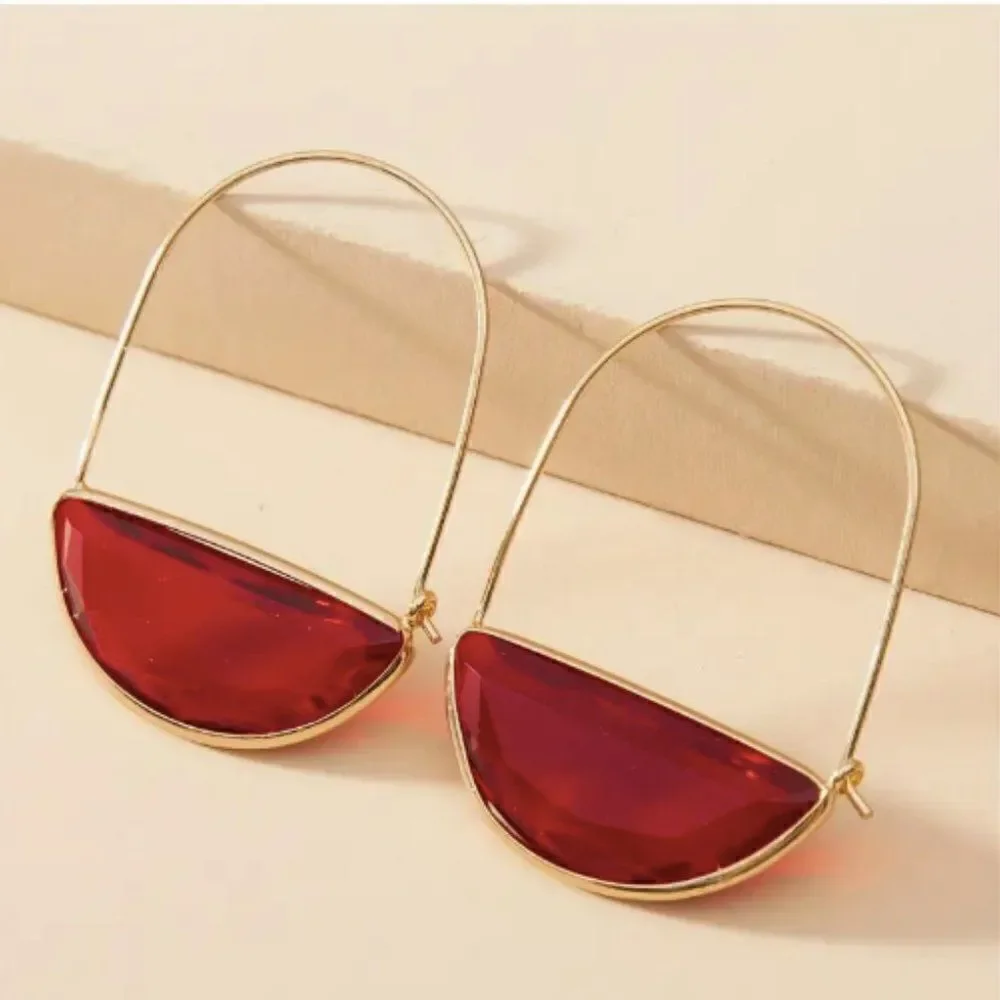 ✨🆕✨ Boho Chic Crescent Hoop Glass Earrings in Green, Red, Pink, Amber, Clear ✨
